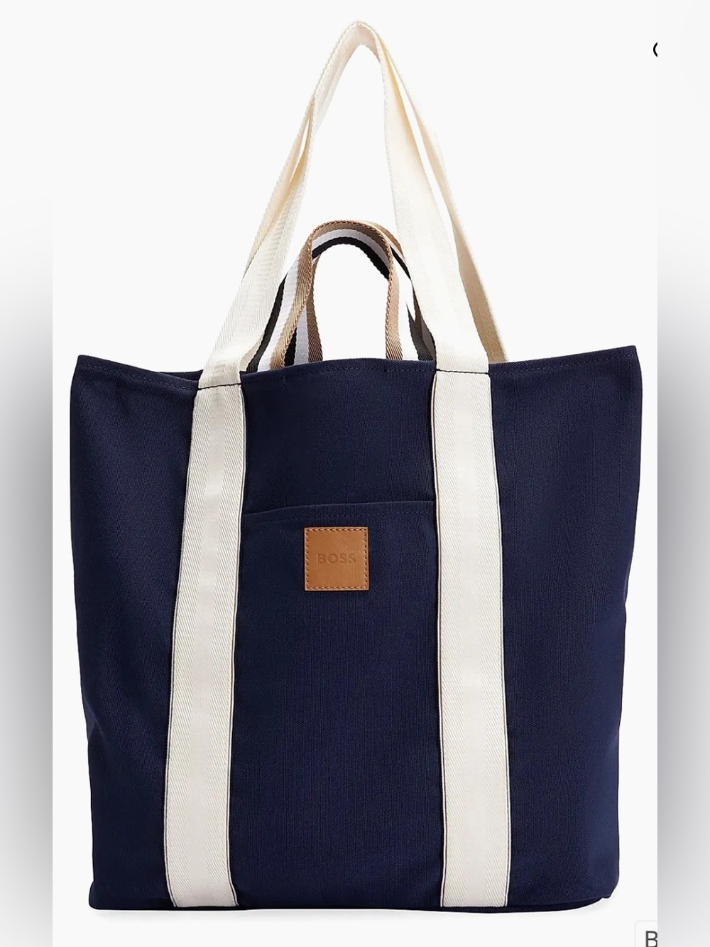 BOSS Navy Canvas Tote with Cream Straps and Tan Logo Patch